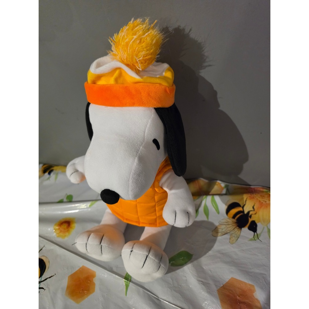 Peanuts Snoopy Plush Orange Puffer Vest and Beanie Winter Hat Stuffed Animal
